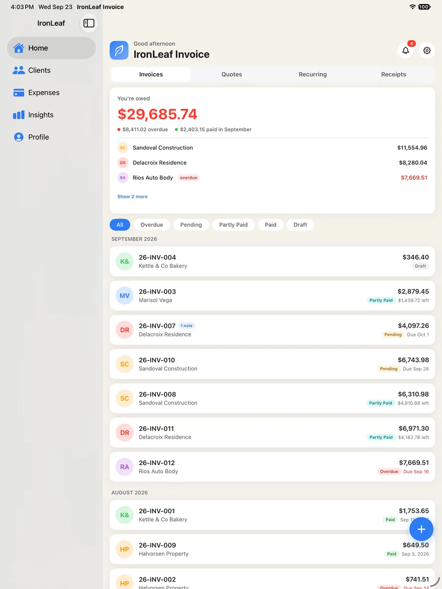 IronLeaf Invoice on iPad, showing the list of invoices and who still owes money